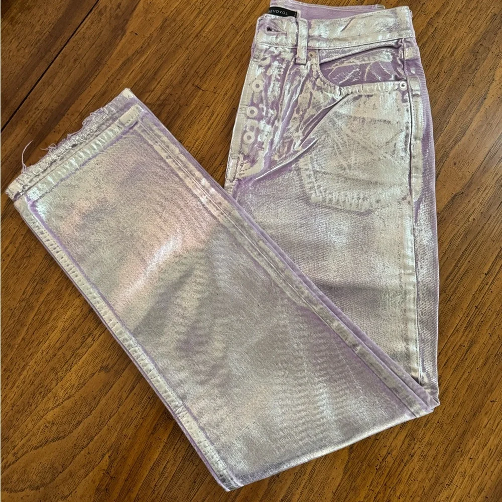 Trendyol Collection Women's Lilac Shiny Metallic Printed High‎ Waist Wide Leg 34